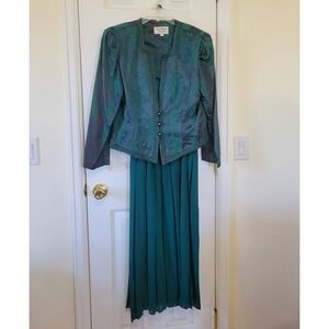 Vintage Nah Nah Collection Teal Green‎ Jacquard Jacket & Pleated Maxi Dress 14